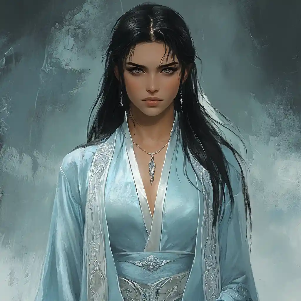 Mystic seer with silver eyes in light blue robes