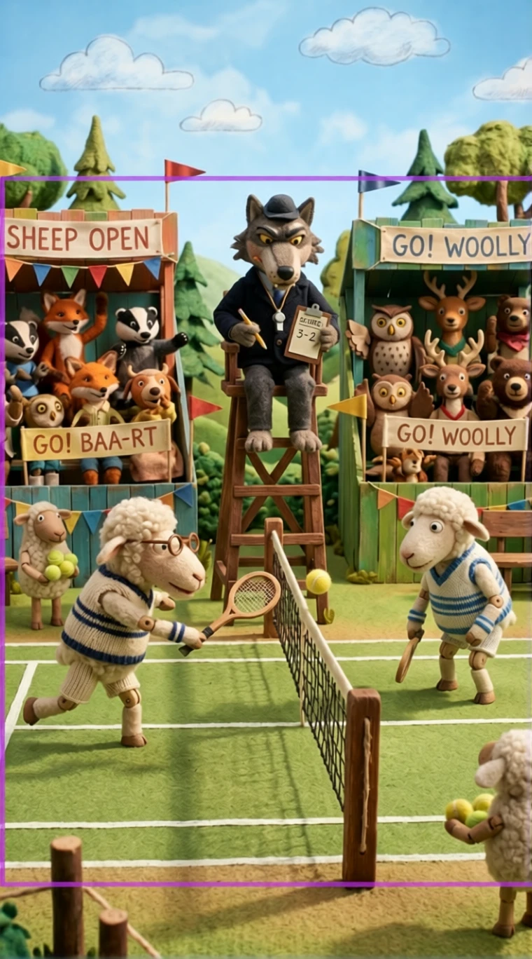 Tennis Match Between Anthropomorphic Sheep With Wolf Umpire