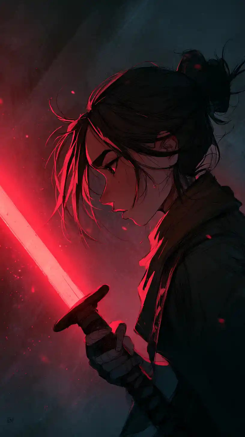 Anime girl with glowing red katana in dark cavern