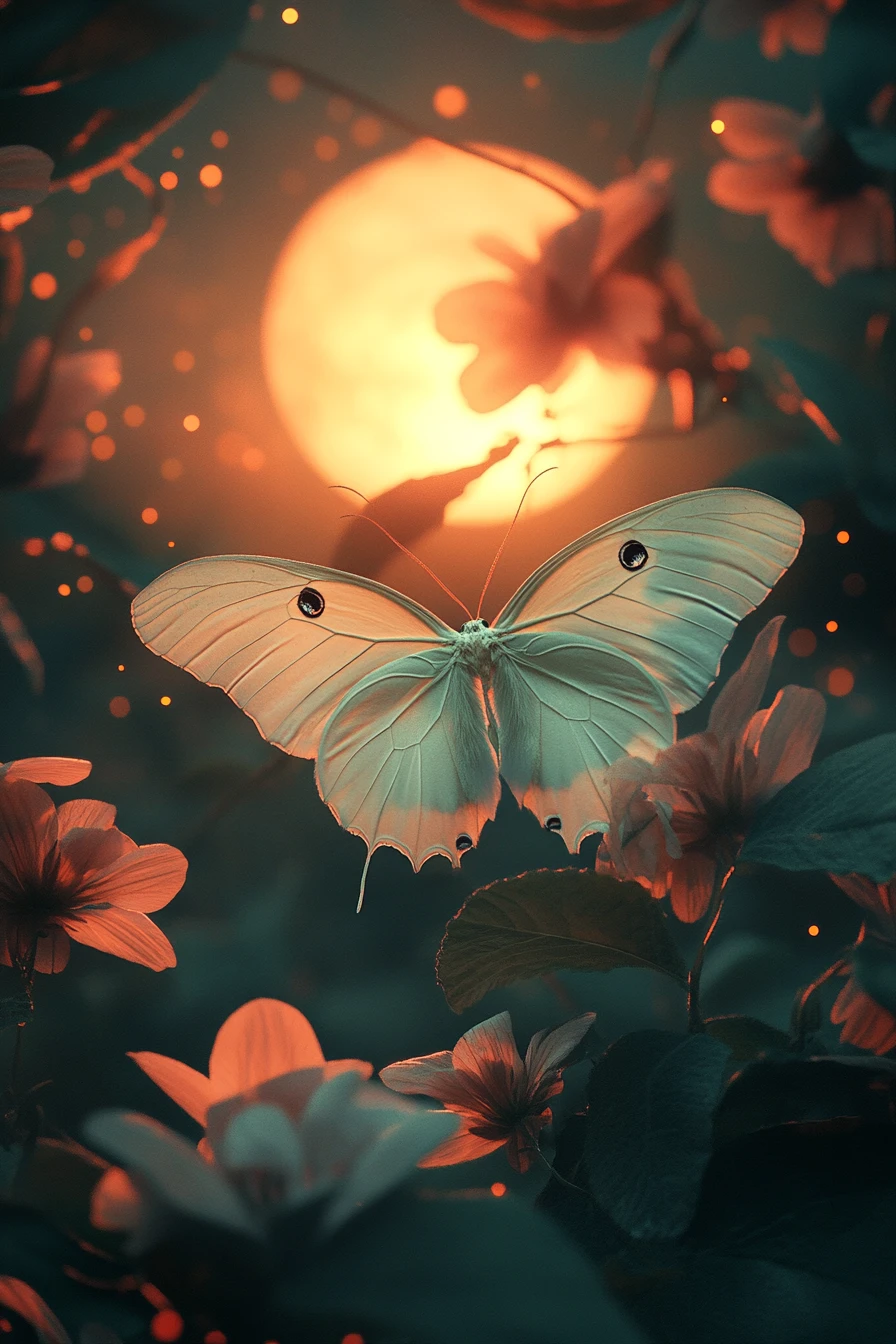 Luna moth drifting under a swollen summer moon