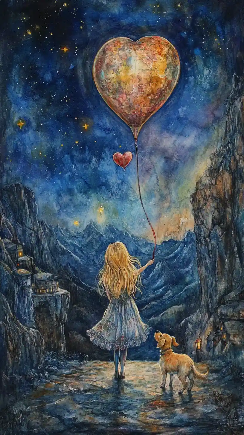 Blonde girl with her dog on a night mountain street