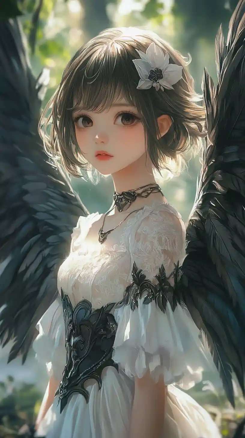 森林中身穿復古白洋裝的翼系動漫少女