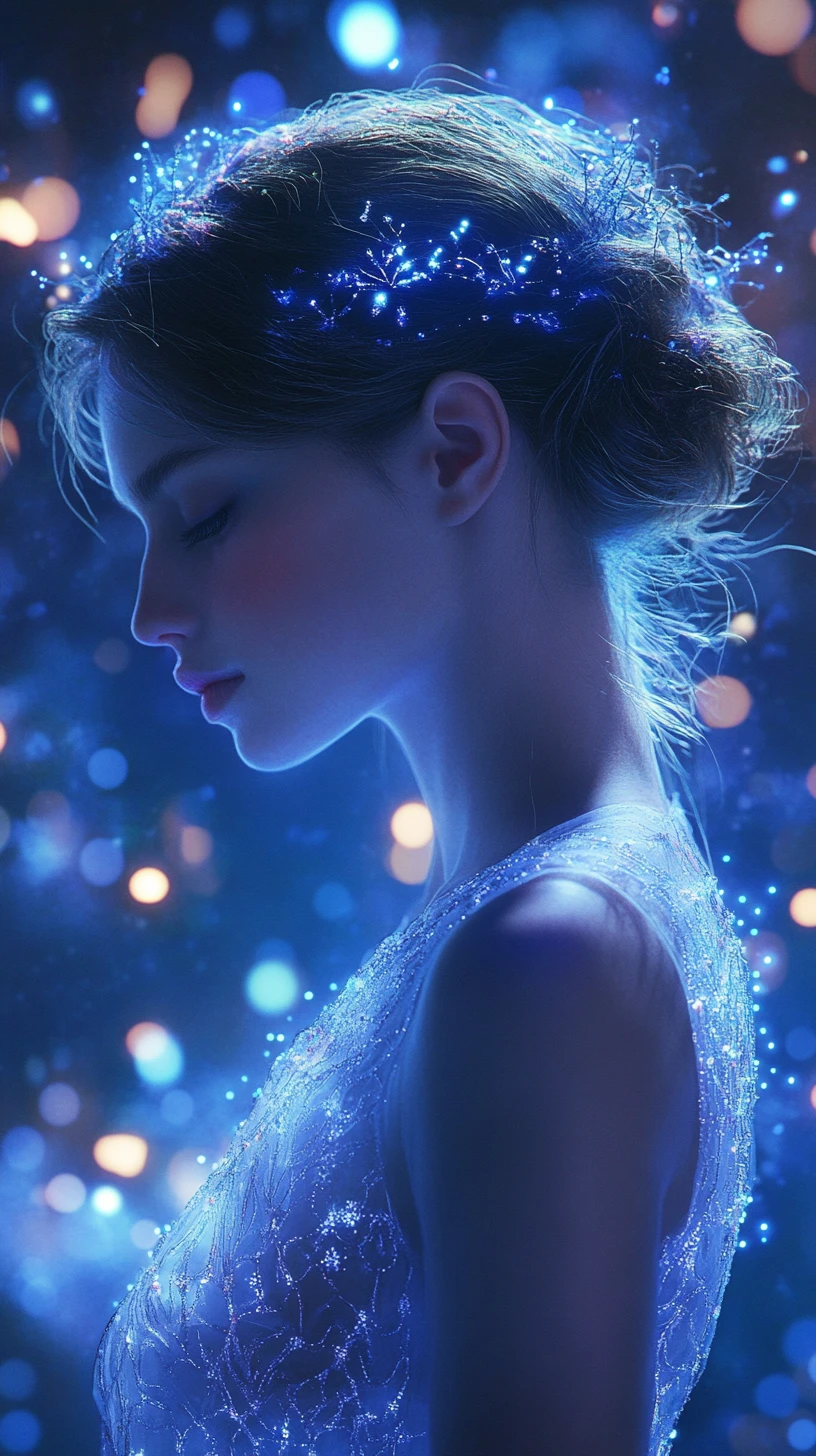 Ethereal woman in glowing cosmic dress and starlit hair