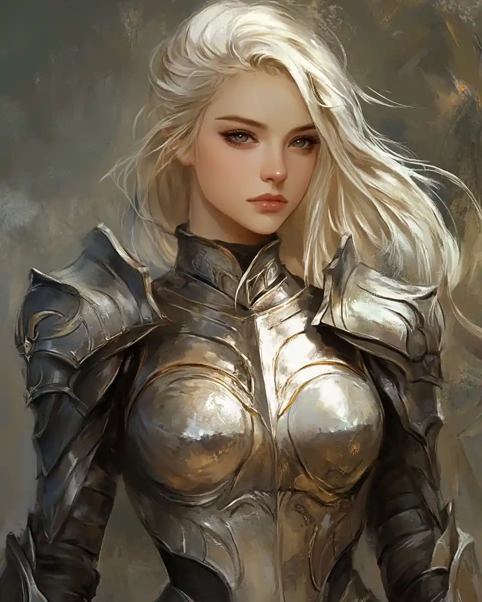 Blonde female warrior in luminous sculpted fantasy armor