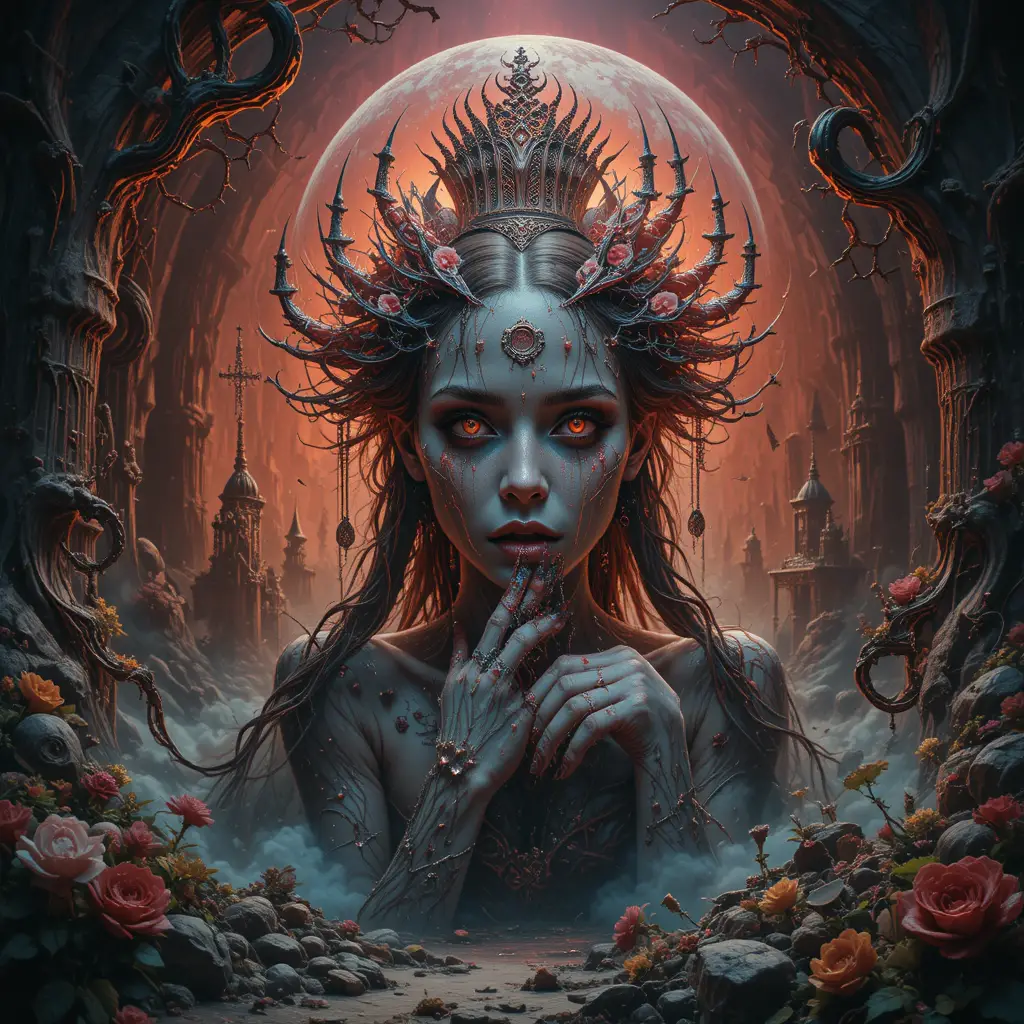 Whimsical Characters In An Eerie Fantasy Landscape Illustration