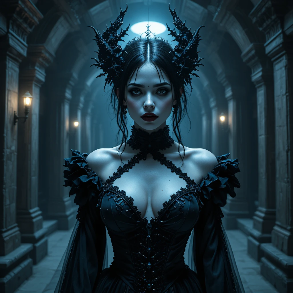 Dark vampire woman in a gothic underground court