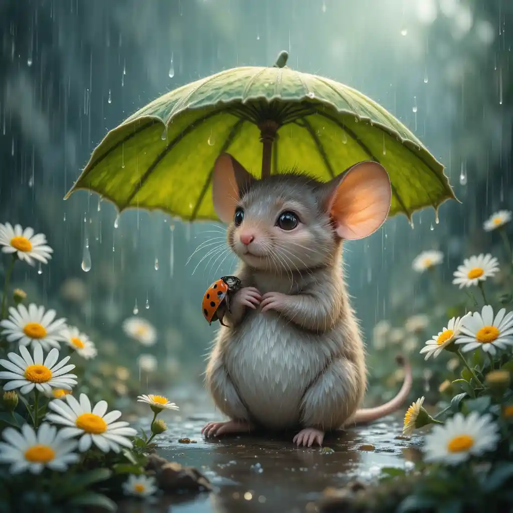 Tiny mouse sheltering under a leaf in gentle rain