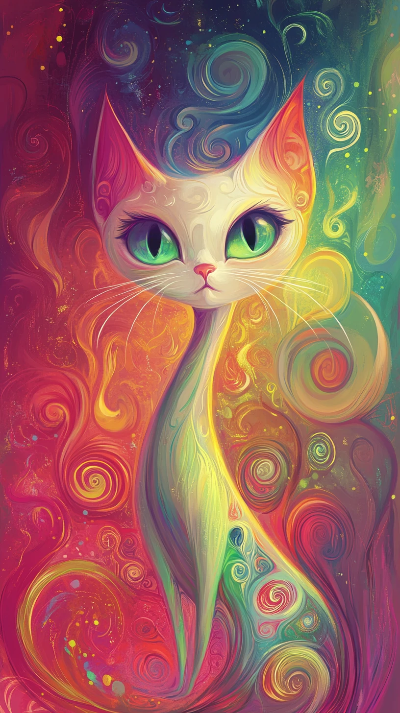Playful cartoon cat close up on rainbow abstract background