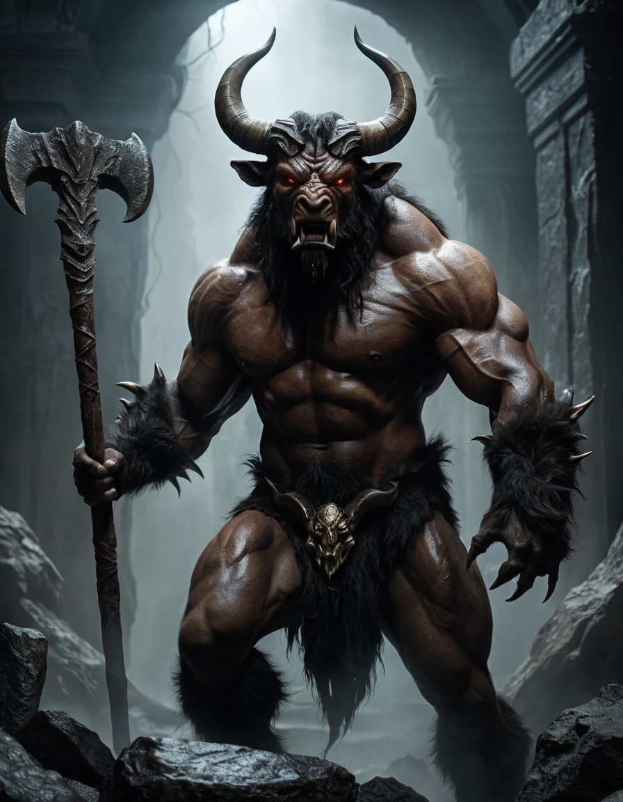 Ancient minotaur emerging from a dark stone labyrinth