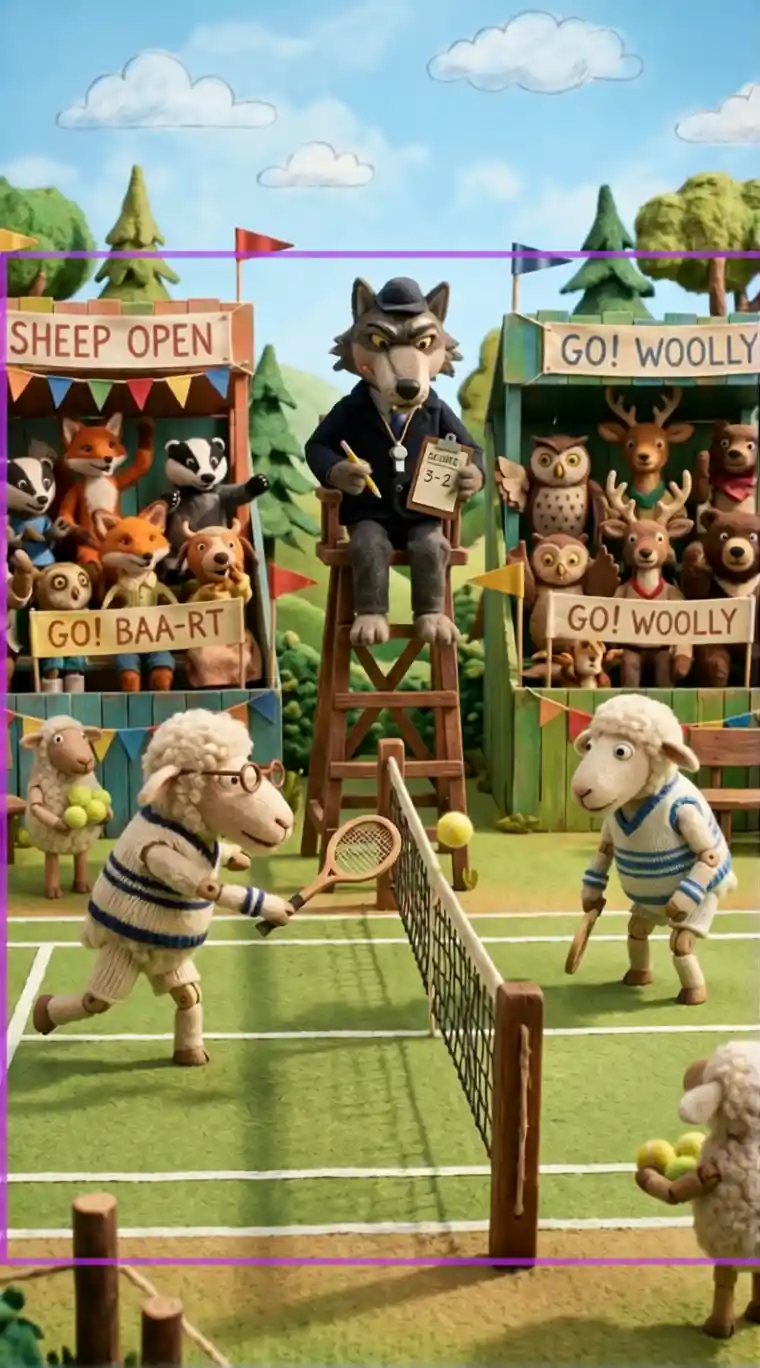 Tennis Match Between Anthropomorphic Sheep With Wolf Umpire