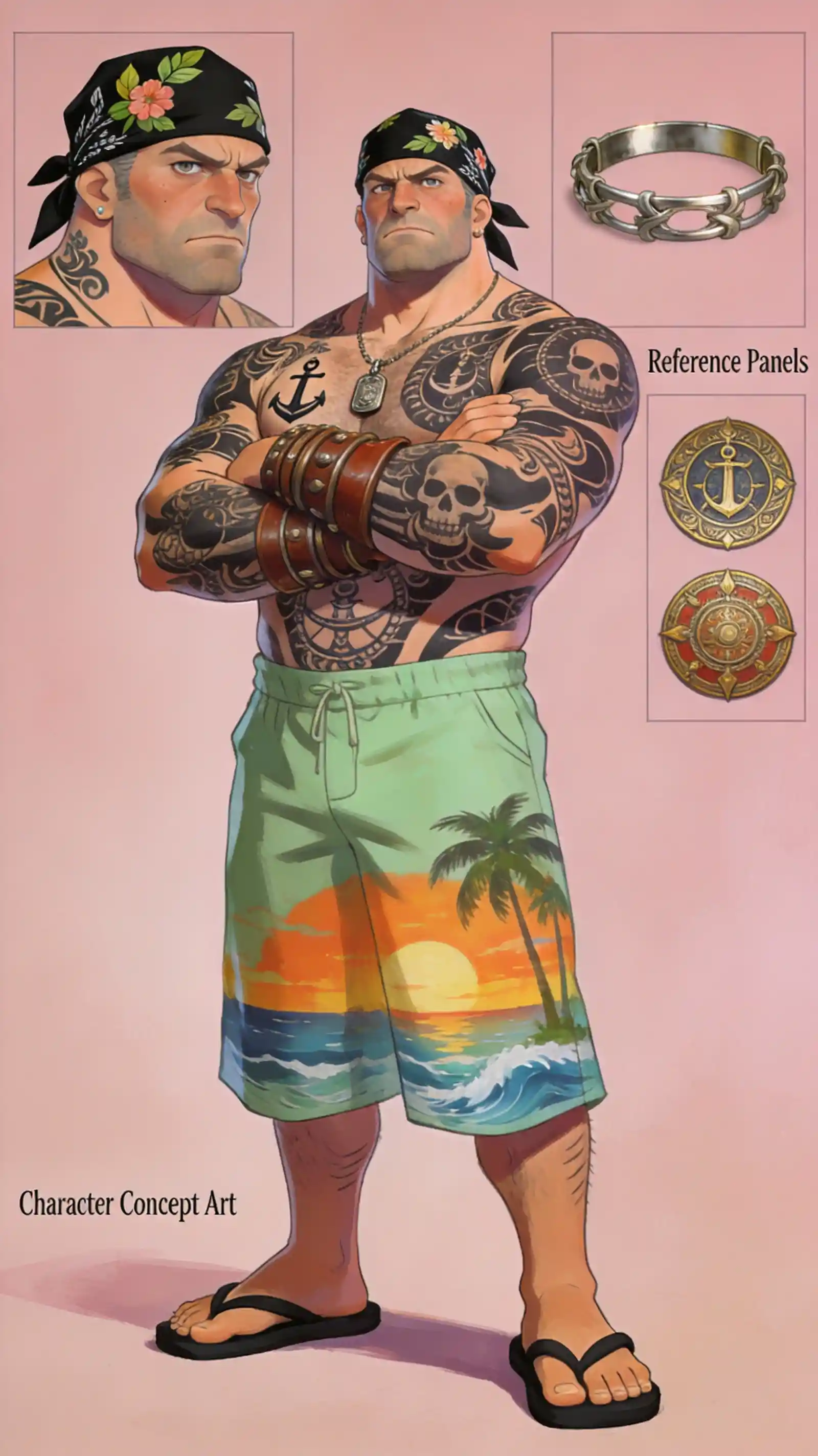 Tattooed man with floral bandana and tropical shorts
