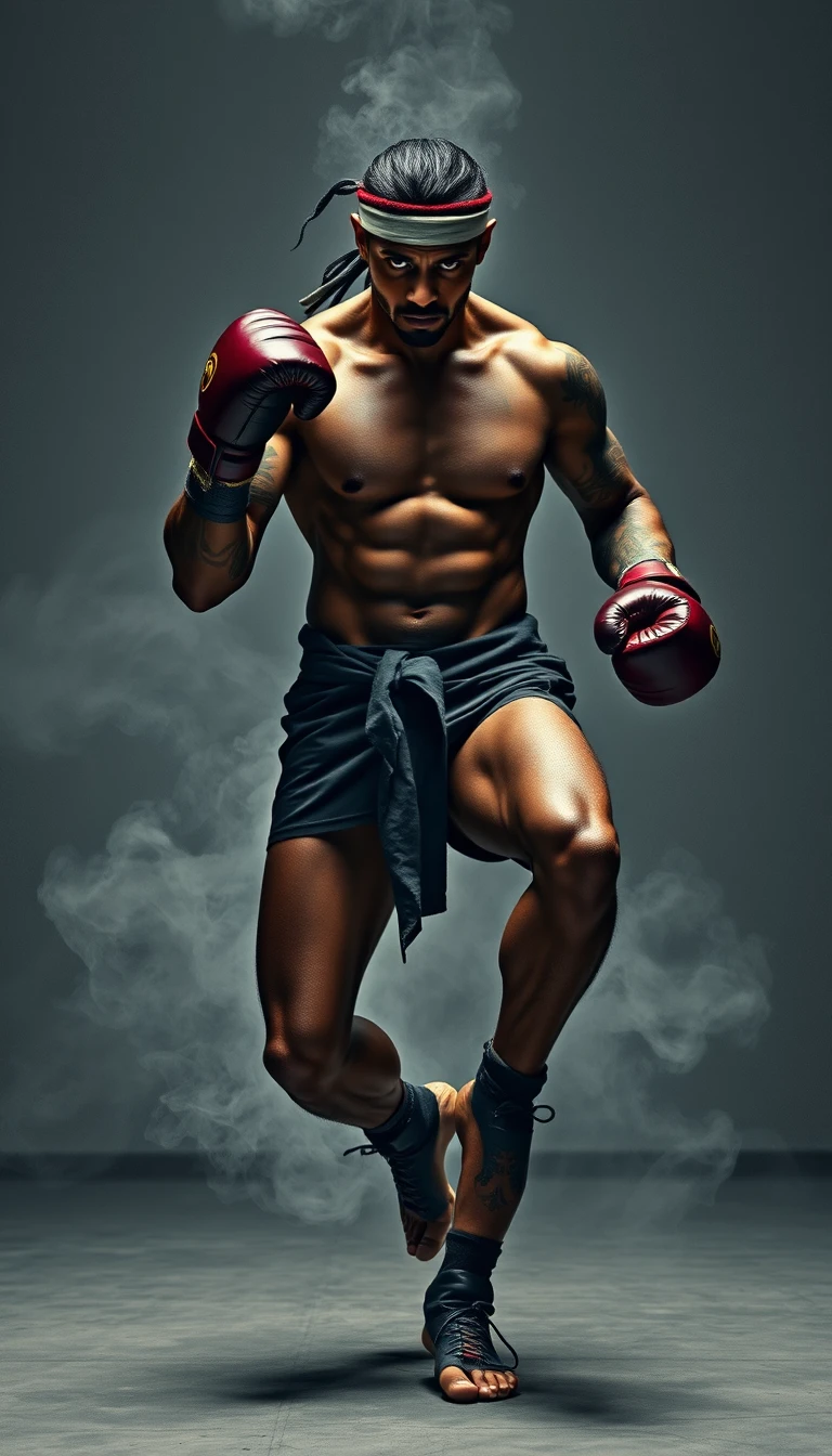 Muscular kickboxer posing in armor in a smoky gym