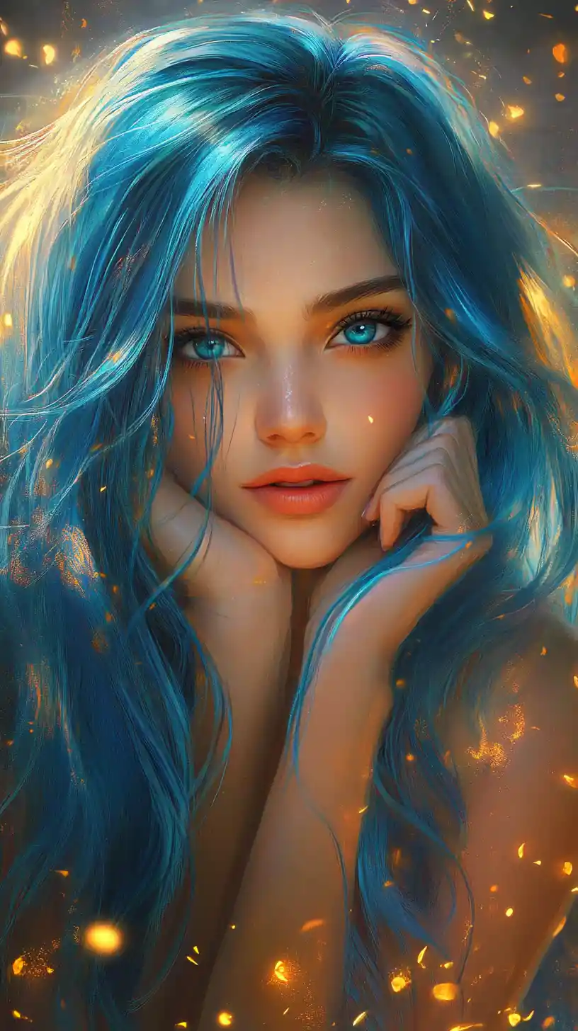 Mystical blue haired girl portrait with golden embers