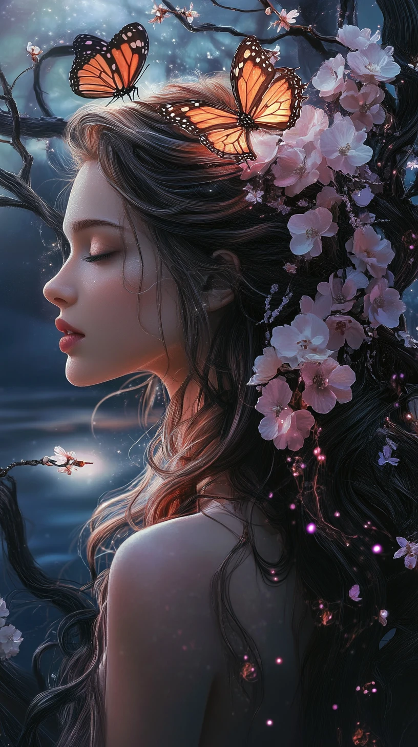 Ethereal woman in profile crowned with flowers and starlit hair