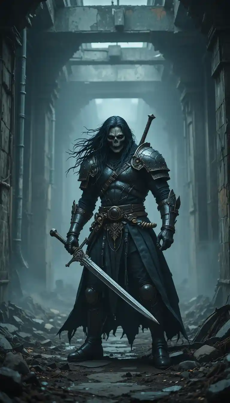Dark fantasy warrior in armor with sword in industrial ruins