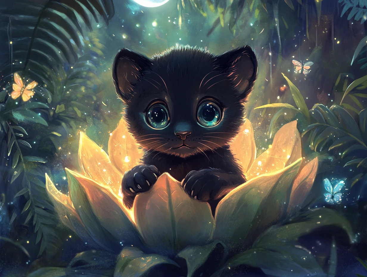 Baby panther cub in glowing enchanted flower at night