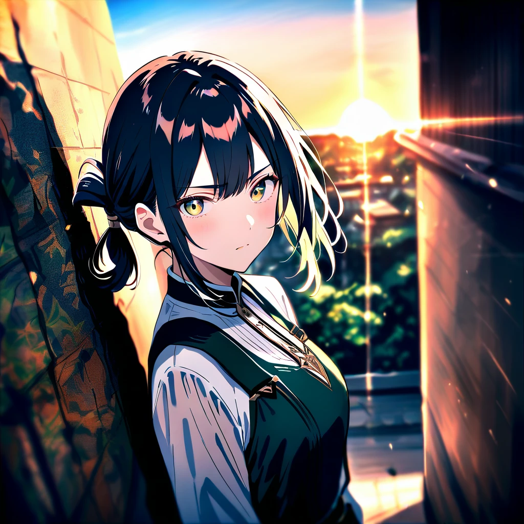 Serious anime girl at sunset in a dark fantasy street