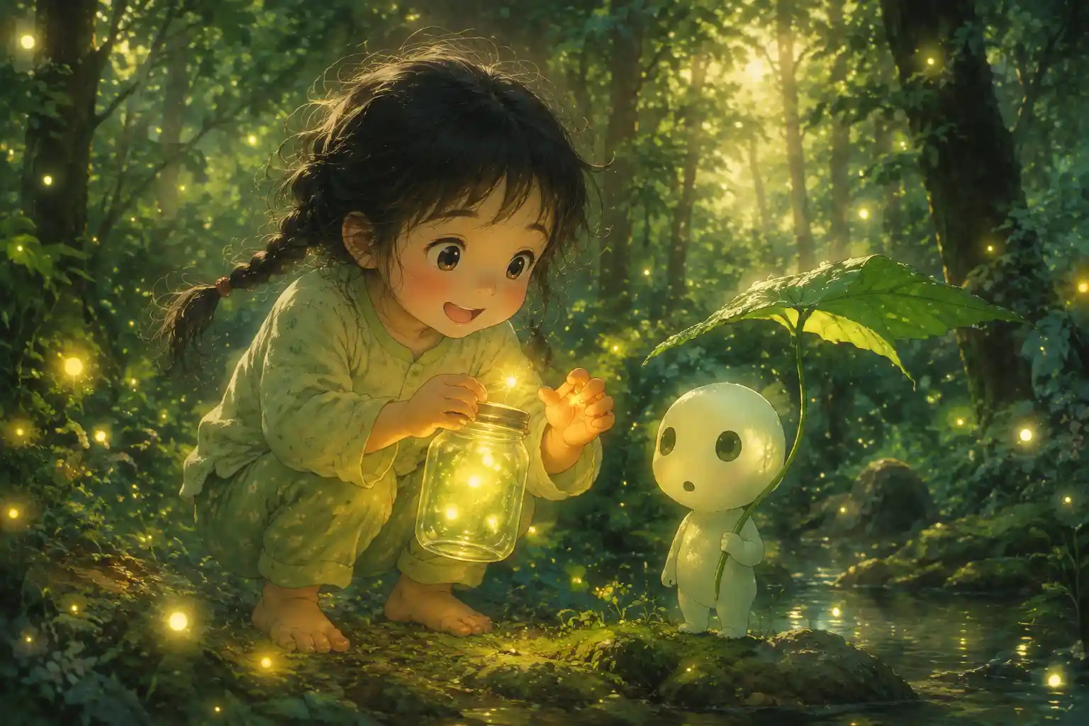 Little girl catching fireflies in a sunlit forest
