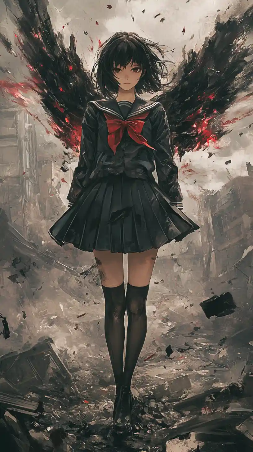 Anime schoolgirl with blood like wings in ruined city