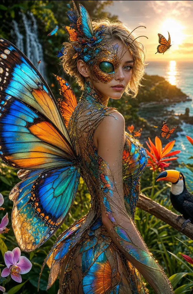 Butterfly fairy hybrid woman in tropical sunset jungle