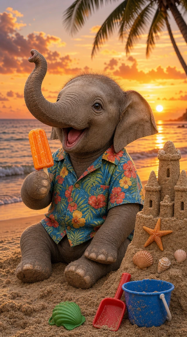 Baby elephant with popsicle on tropical beach at sunset