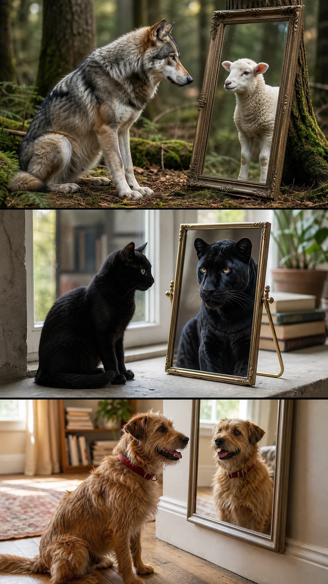 Wolf Staring Into A Mirror And Seeing A Gentle Lamb