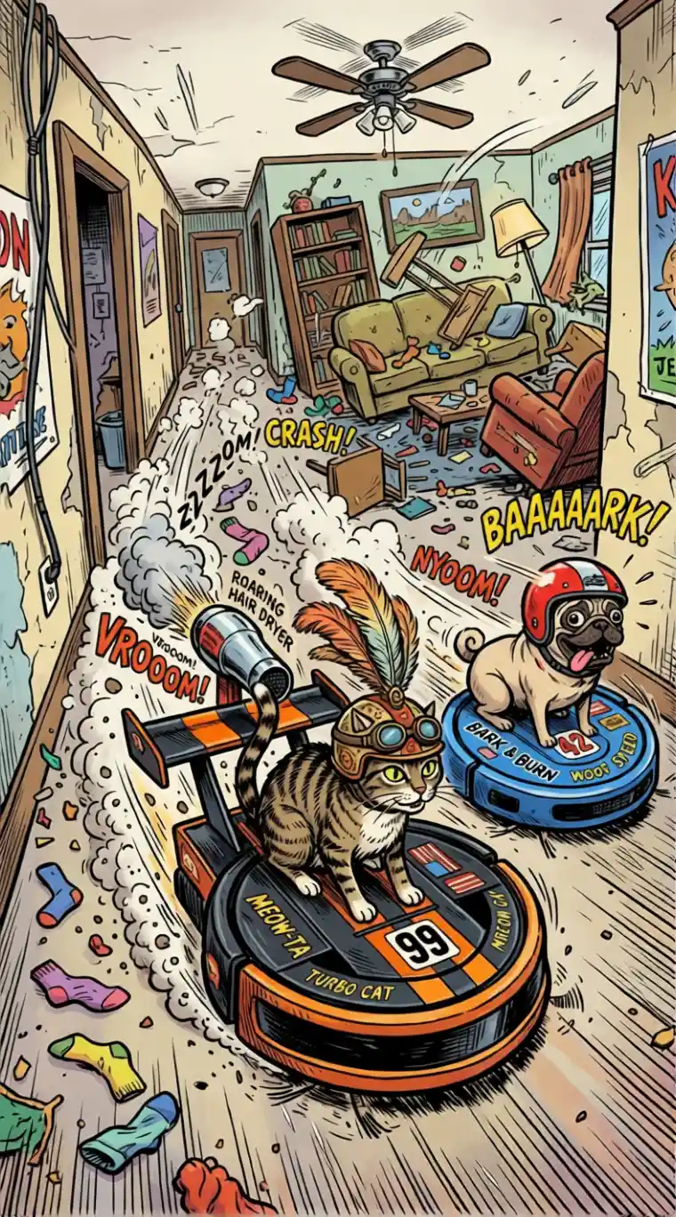 Cat racing on a turbocharged robot vacuum through hallway chaos