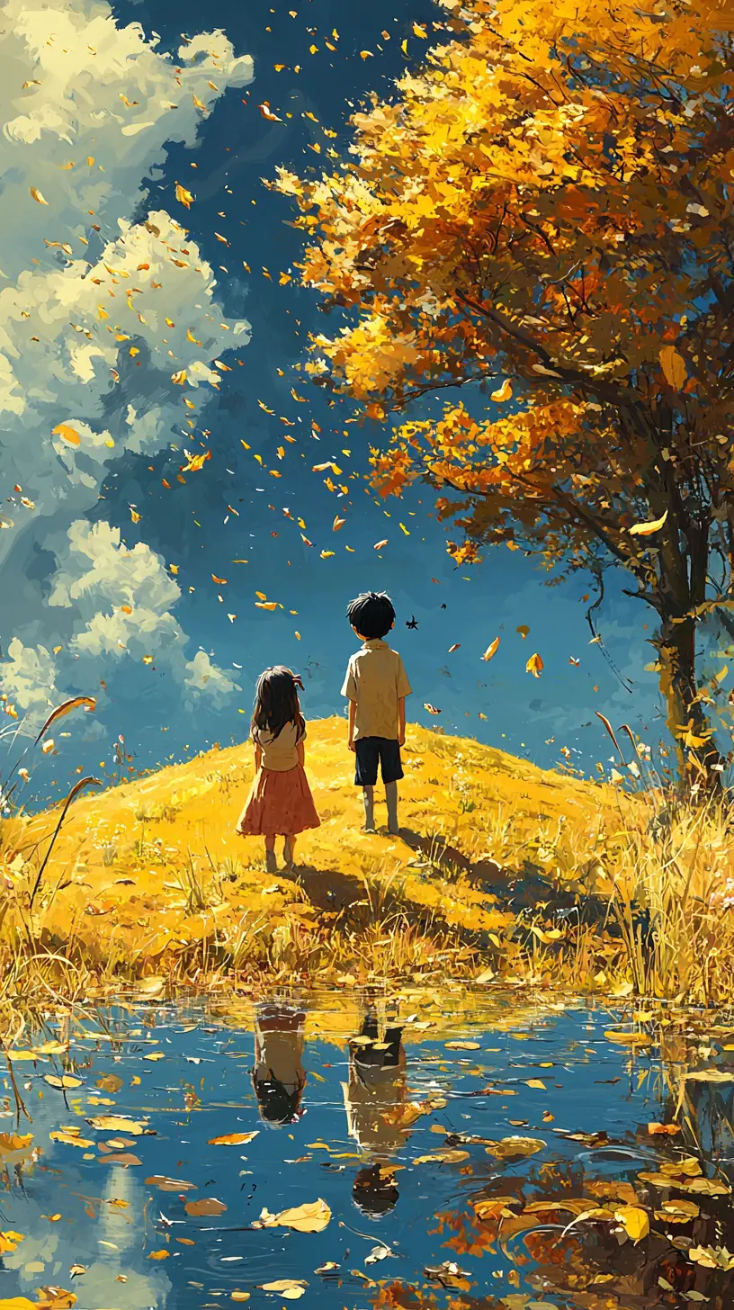 Young boy and girl standing at the bottom of a huge hill