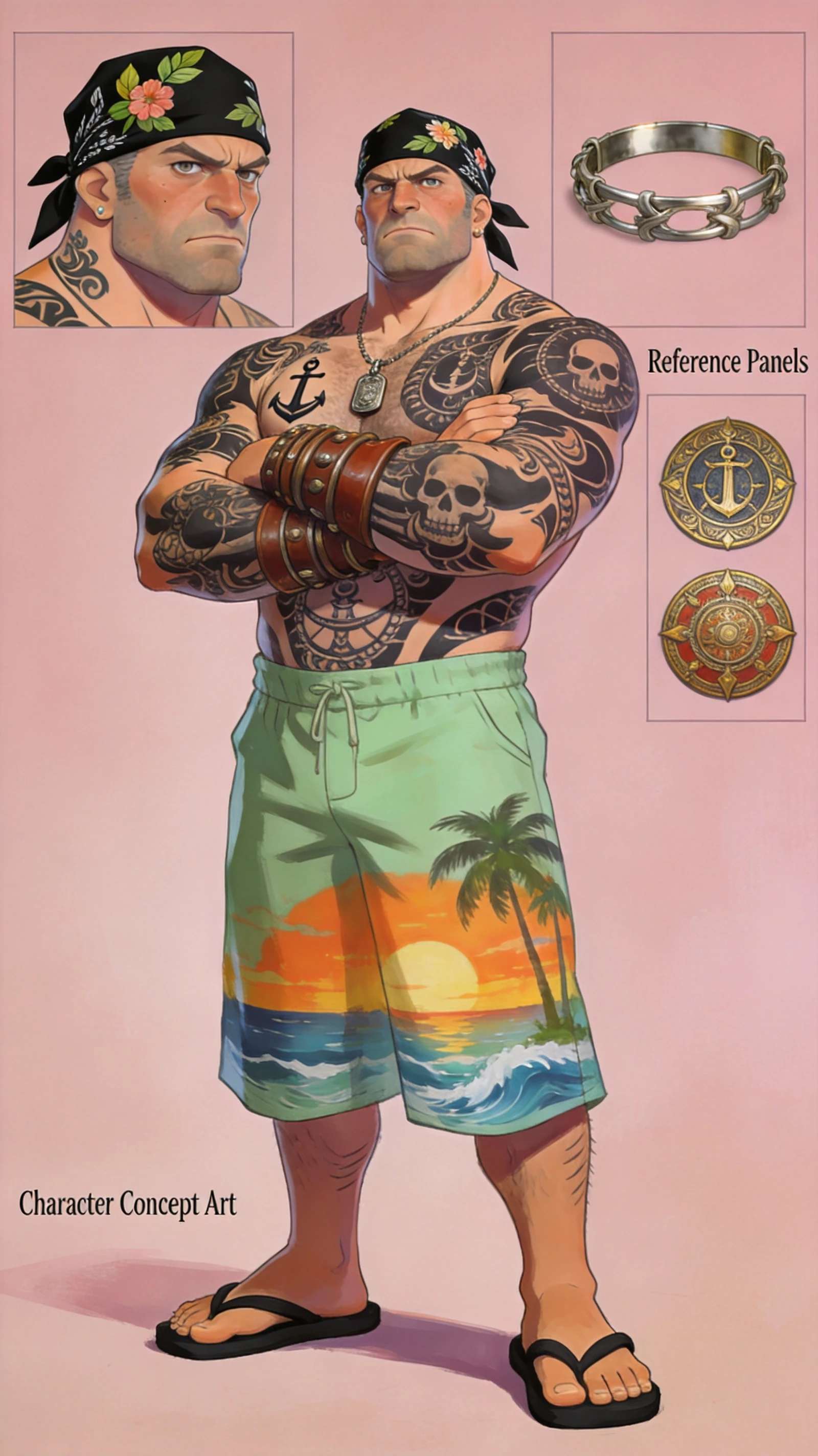 Tattooed man with floral bandana and tropical shorts