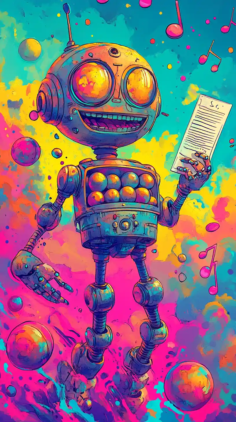 Playful cartoon robot with trophy and floating music notes