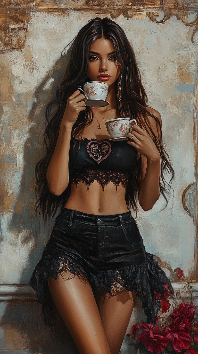 Smiling tanned girl enjoying coffee on Valentines Day