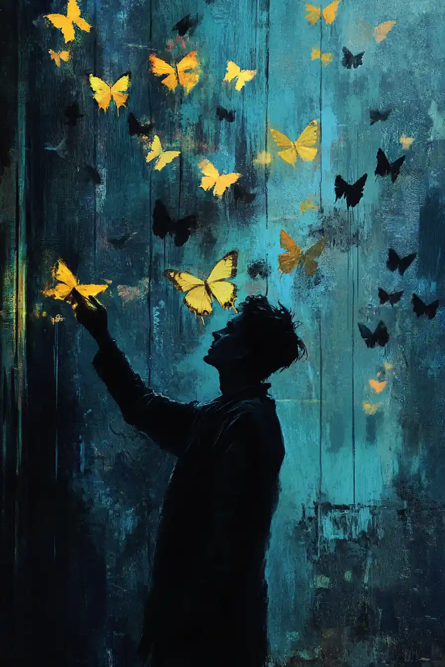 Surreal noir scene with glowing butterflies and mystery