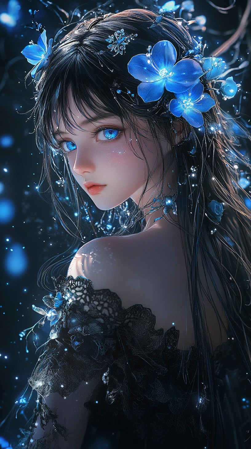 Anime girl with glowing blue flowers in dark stardust