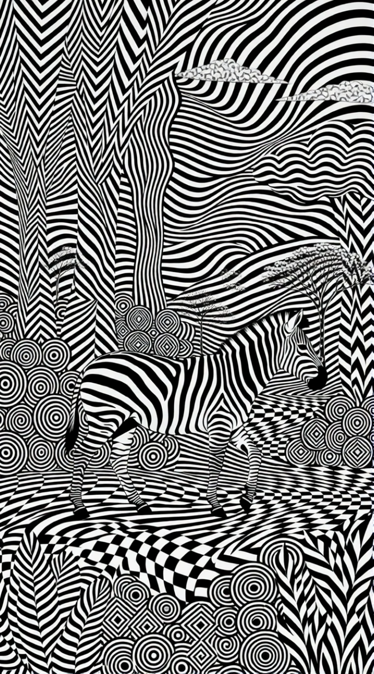Cebra en un Bosque Monocromático – Escena Op Art en Tríptico