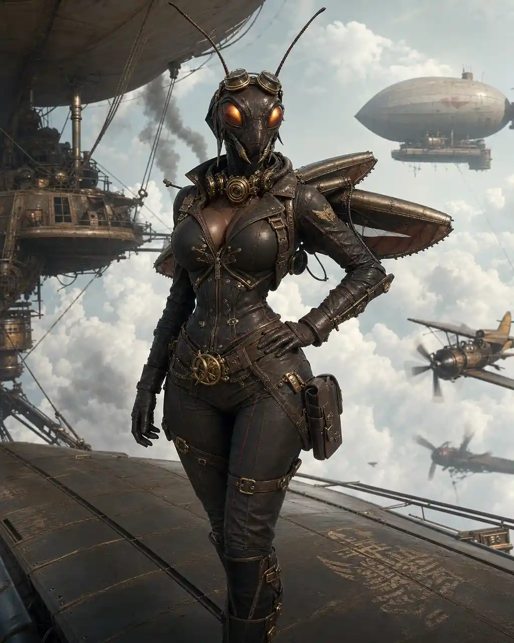 Dieselpunk insect aviator woman on airship above clouds