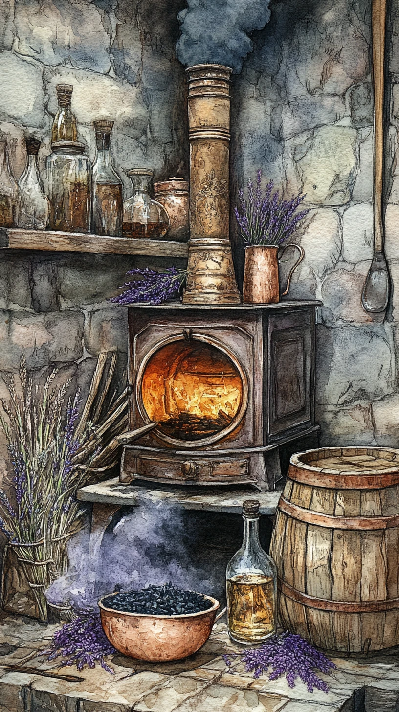 Old herbalist woman bottling liqueur by a witch cauldron