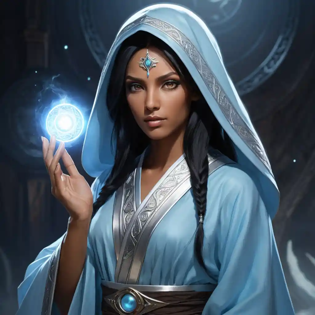 Mystical seer woman with silver eyes in blue robes