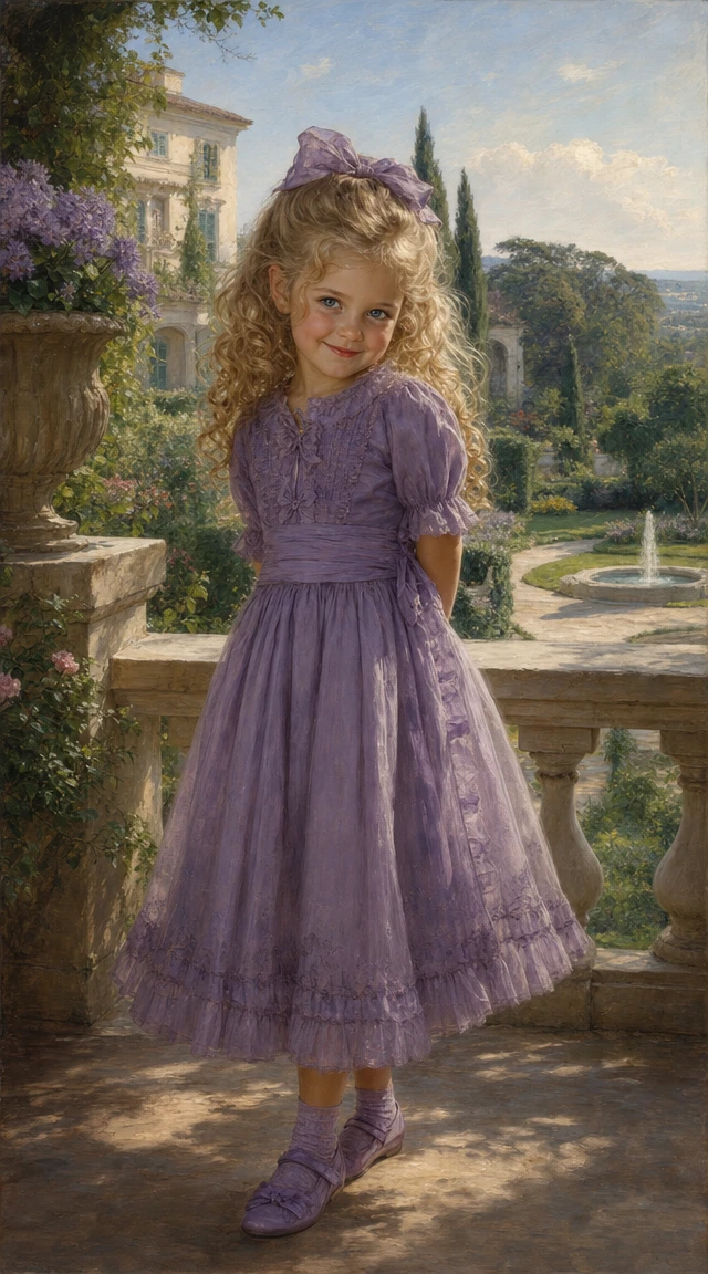 Niña pequeña en la terraza de una villa bajo la suave luz de la mañana