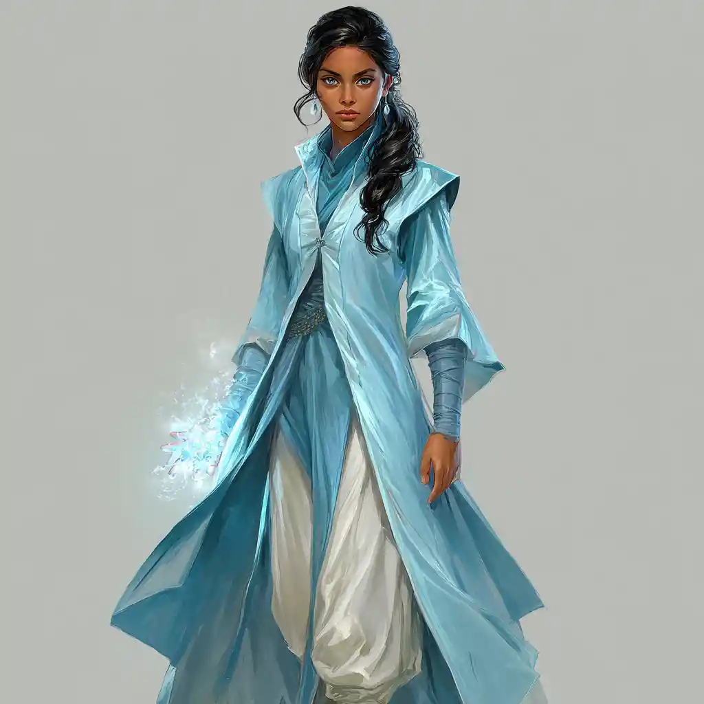 Mystical seer woman in light blue robes with silver eyes