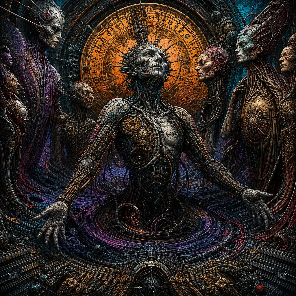 Cyborg Rising From A Swirling Otherworldly Void