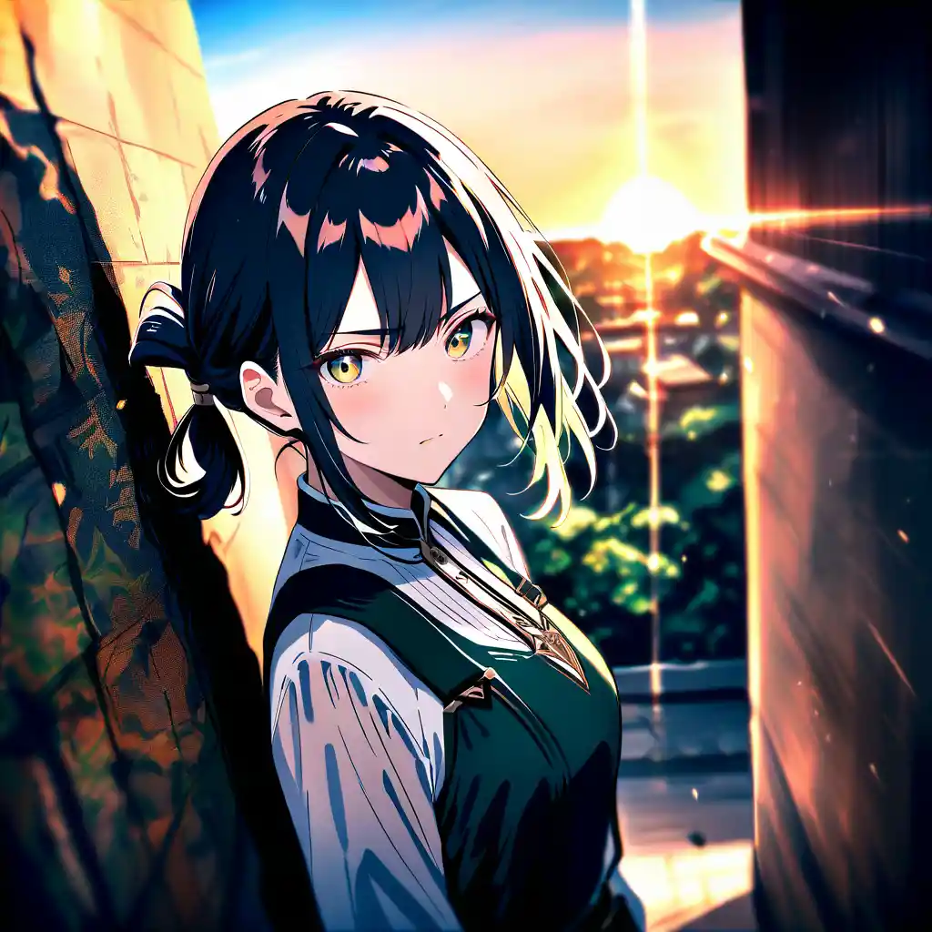 Serious anime girl at sunset in a dark fantasy street