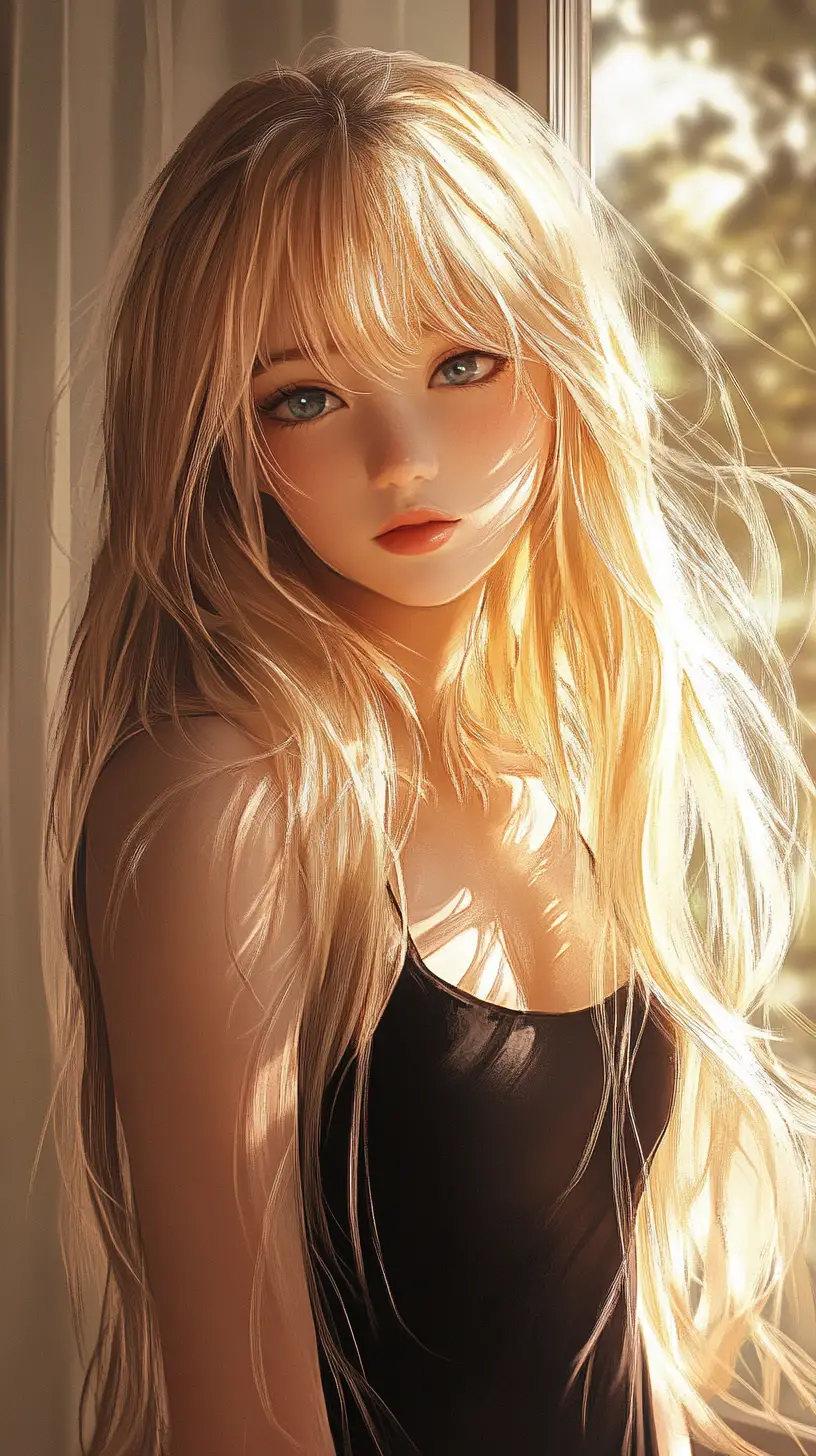 Blonde anime girl holding a red apple outdoors