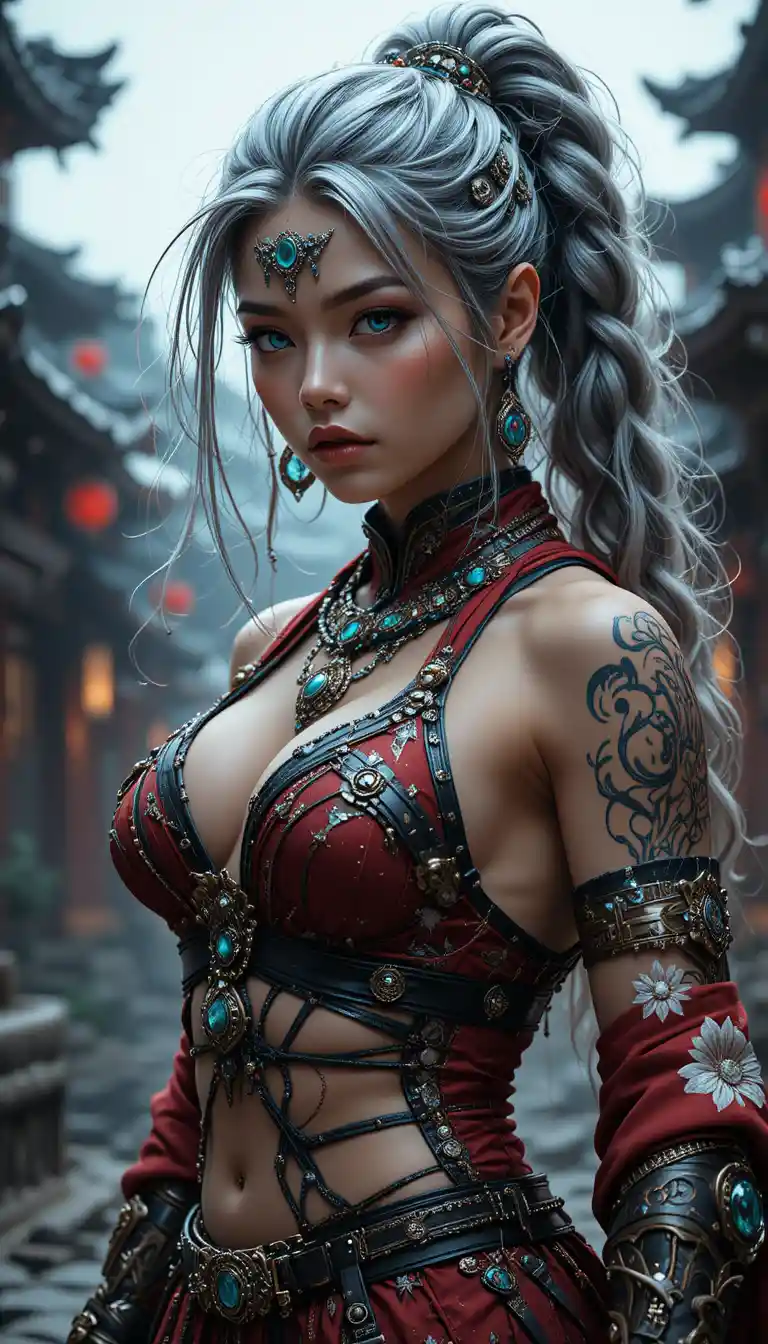 Silver haired warrior woman in red and black fantasy armor