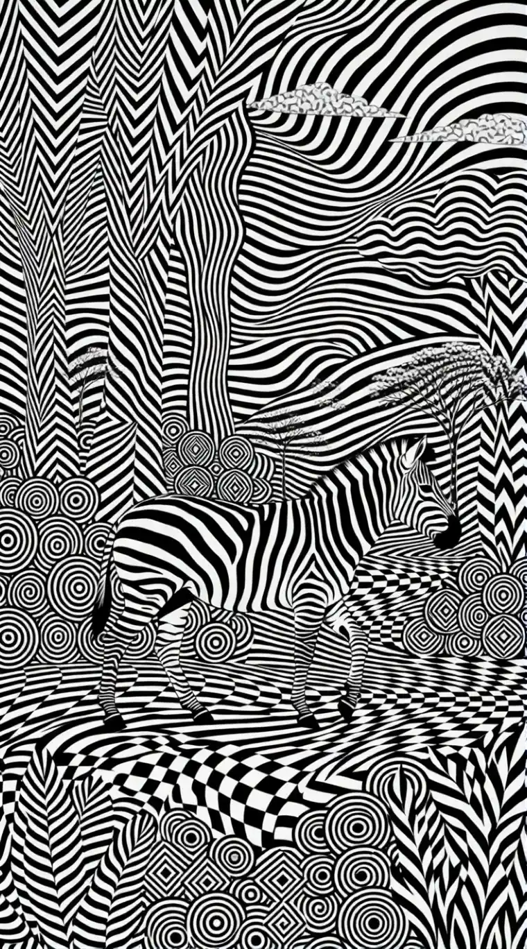 Cebra en un Bosque Monocromático – Escena Op Art en Tríptico