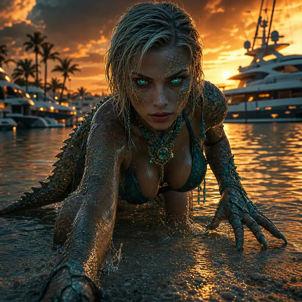Hybrid reptile woman emerging from marina at sunset