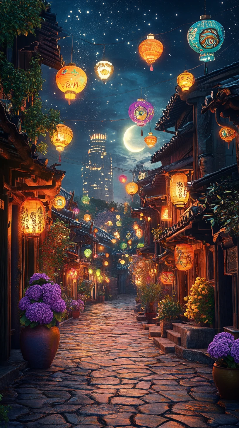 Psychedelic lantern lit alley with traditional Asian buildings