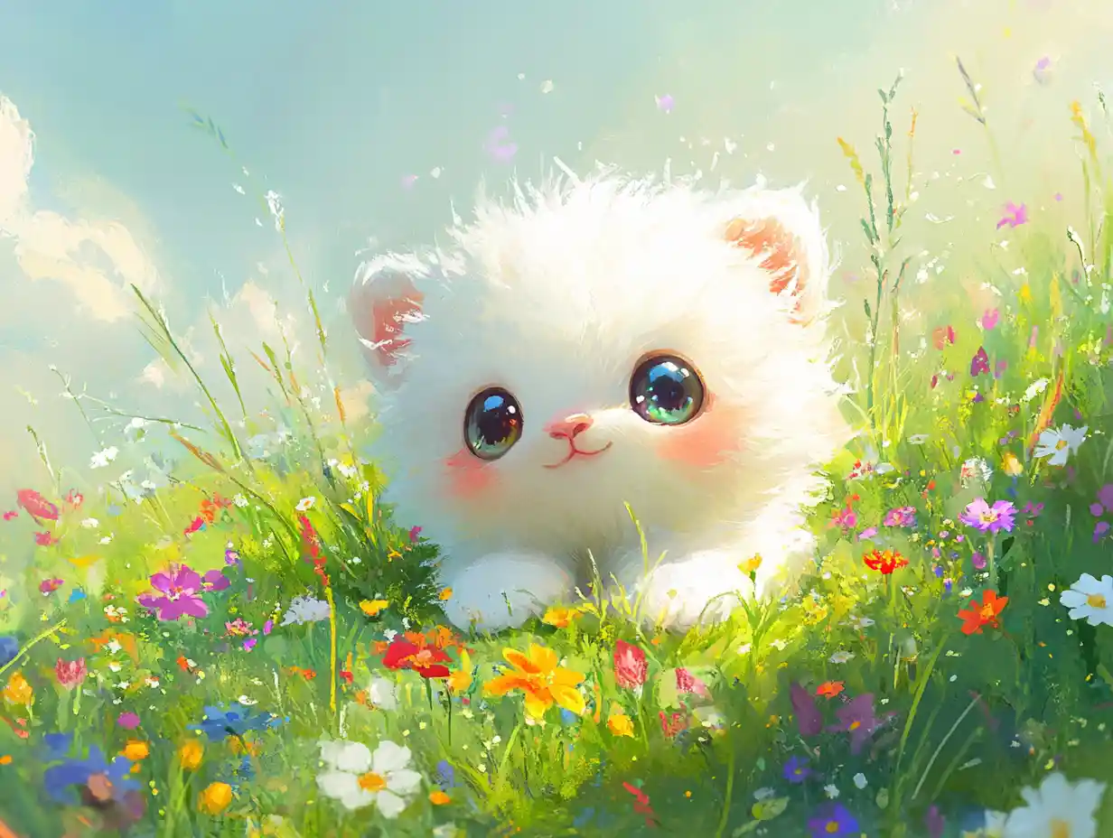 Cute white baby animal in a sunny green meadow