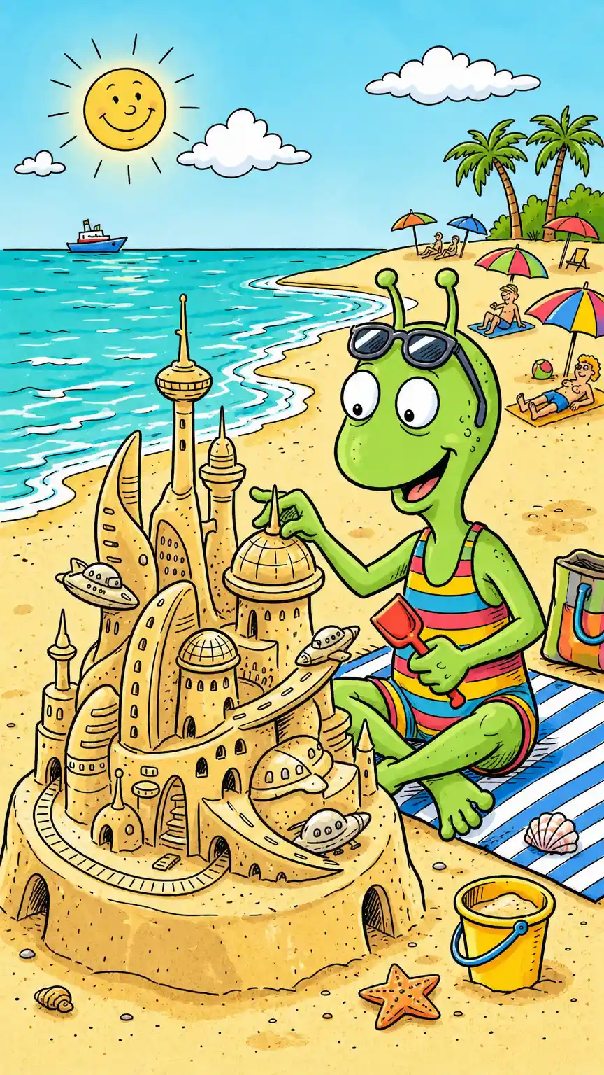 Turista alieno che costruisce un castello di sabbia futuristico sulla spiaggia