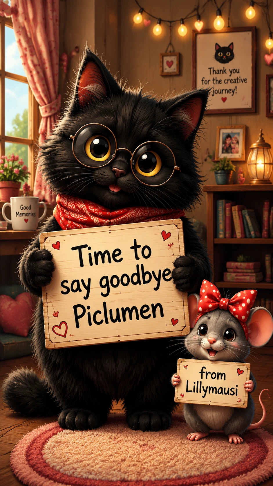 Shaggy black cat with glasses holding a farewell sign
