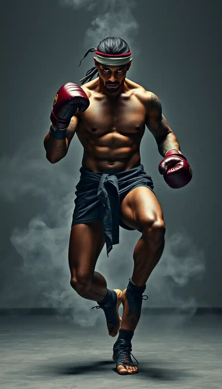 Muscular kickboxer posing in armor in a smoky gym
